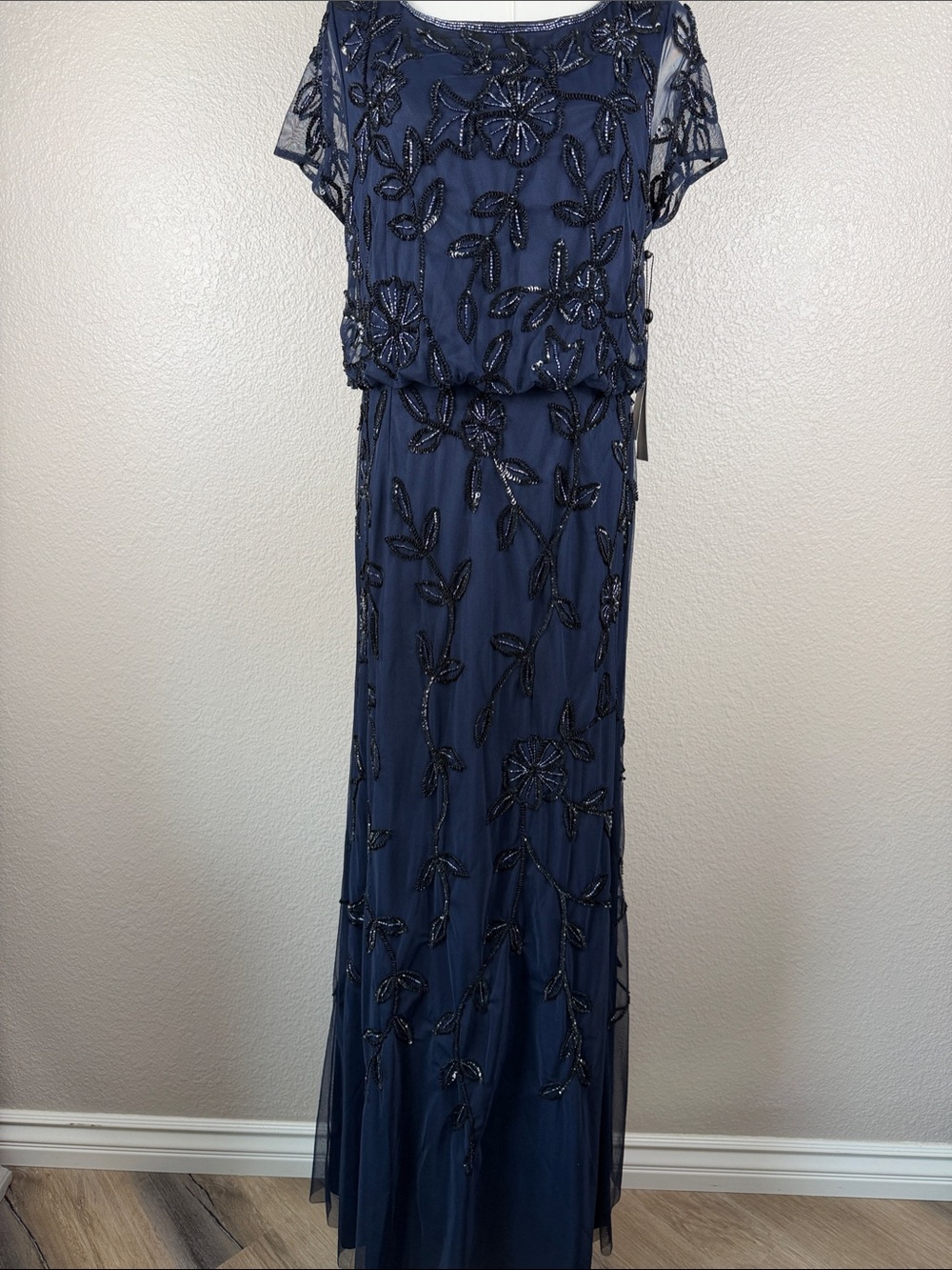 NWT Adrianna Papell Navy Beaded Floral Formal Maxi Gown, 12